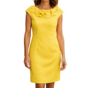 SD COLLECTION Floral Appliqué Yellow Dress Bateau Neck Brocade Tailored Fit 12